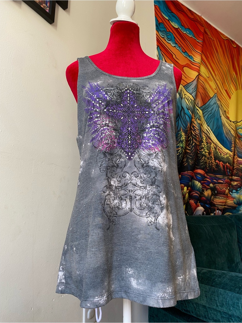 Women’s Gray Tank Top with Purple Cross Embellishment